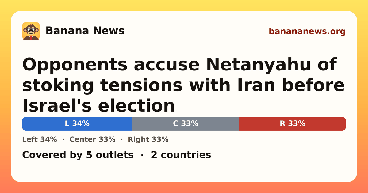 Banana News card: Opponents accuse Netanyahu of stoking tensions with Iran before Israel's election. Covered by 5 outlets.