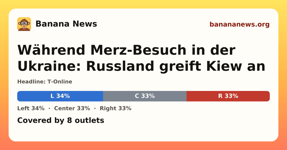 Banana News card: Während Merz-Besuch in der Ukraine: Russland greift Kiew an. Covered by 8 outlets.