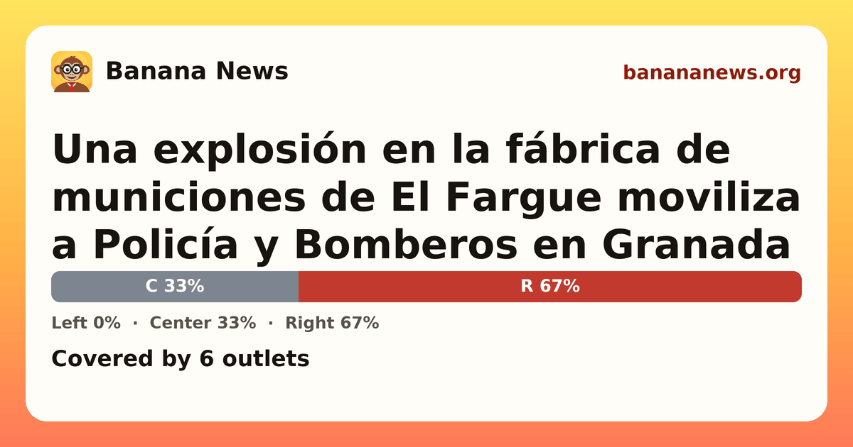 Banana News card: Una explosión en la fábrica de municiones de El Fargue moviliza a Policía y Bomberos en Granada. Covered by 6 outlets.
