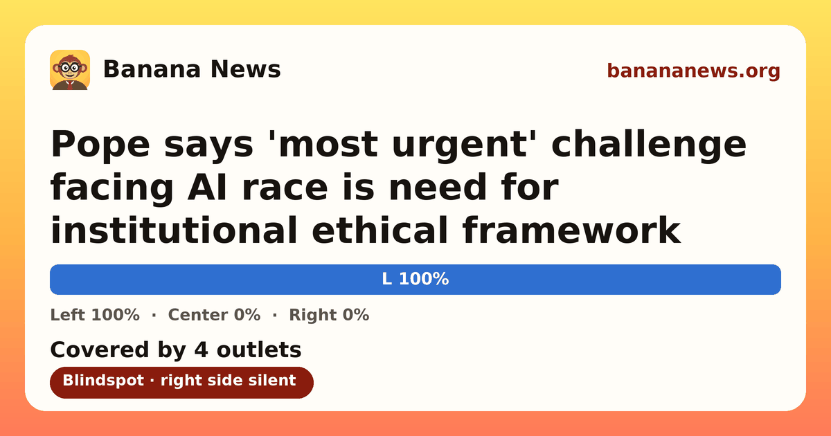 Banana News card: Pope says 'most urgent' challenge facing AI race is need for institutional ethical framework. Covered by 4 outlets.