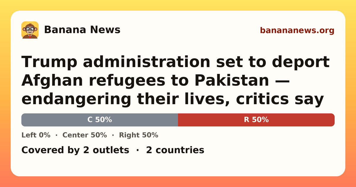 Banana News card: Trump administration set to deport Afghan refugees to Pakistan — endangering their lives, critics say. Covered by 2 outlets.