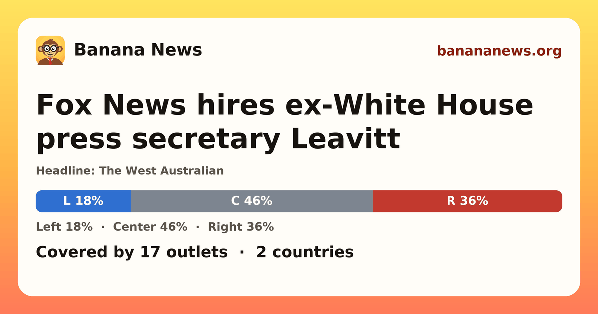 Banana News card: Fox News hires ex-White House press secretary Leavitt. Covered by 17 outlets.