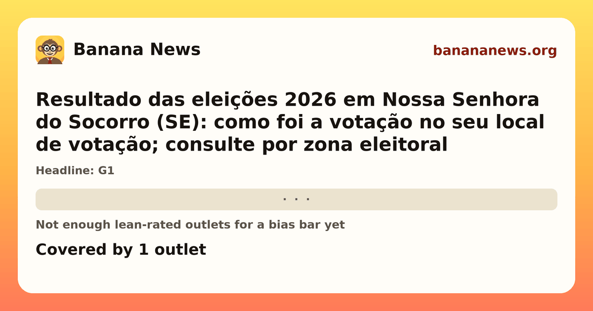 Banana News card: Resultado das eleições 2026 em Nossa Senhora do Socorro (SE): como foi a votação no seu local de votação; consulte por zona eleitoral. Covered by 1 outlets.