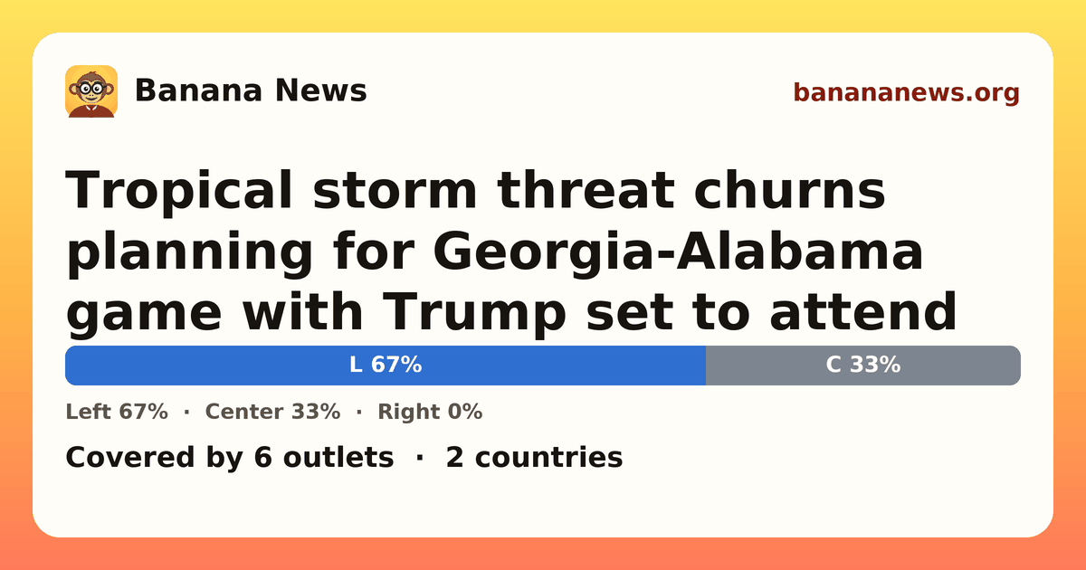 Banana News card: Tropical storm threat churns planning for Georgia-Alabama game with Trump set to attend. Covered by 6 outlets.