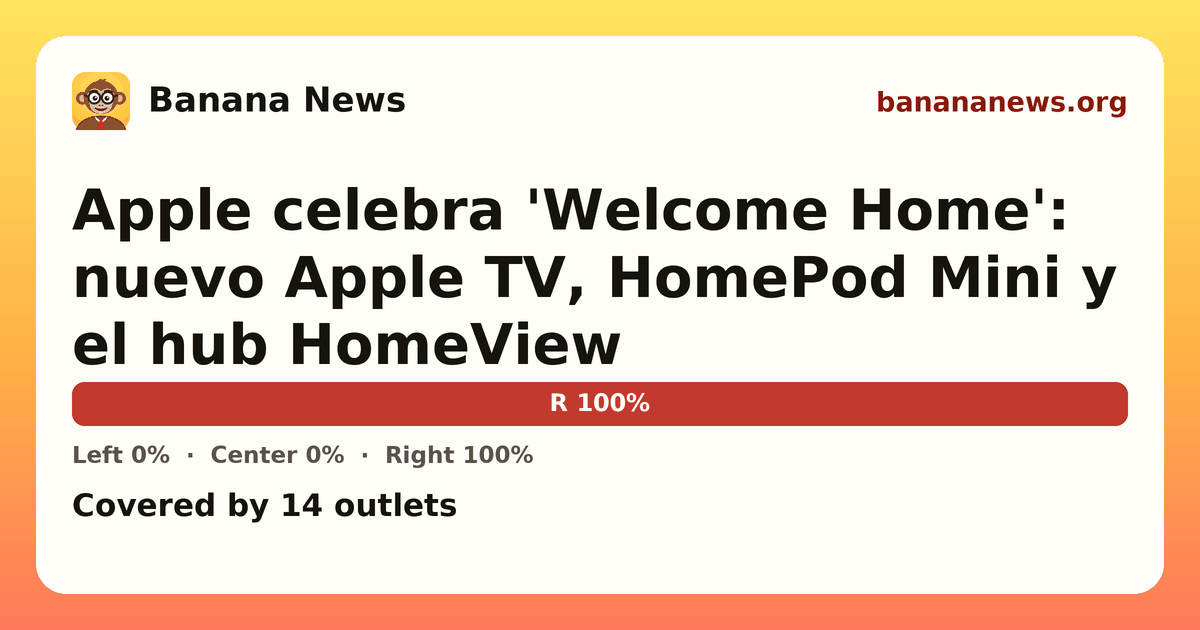 Banana News card: Apple celebra 'Welcome Home': nuevo Apple TV, HomePod Mini y el hub HomeView. Covered by 14 outlets.