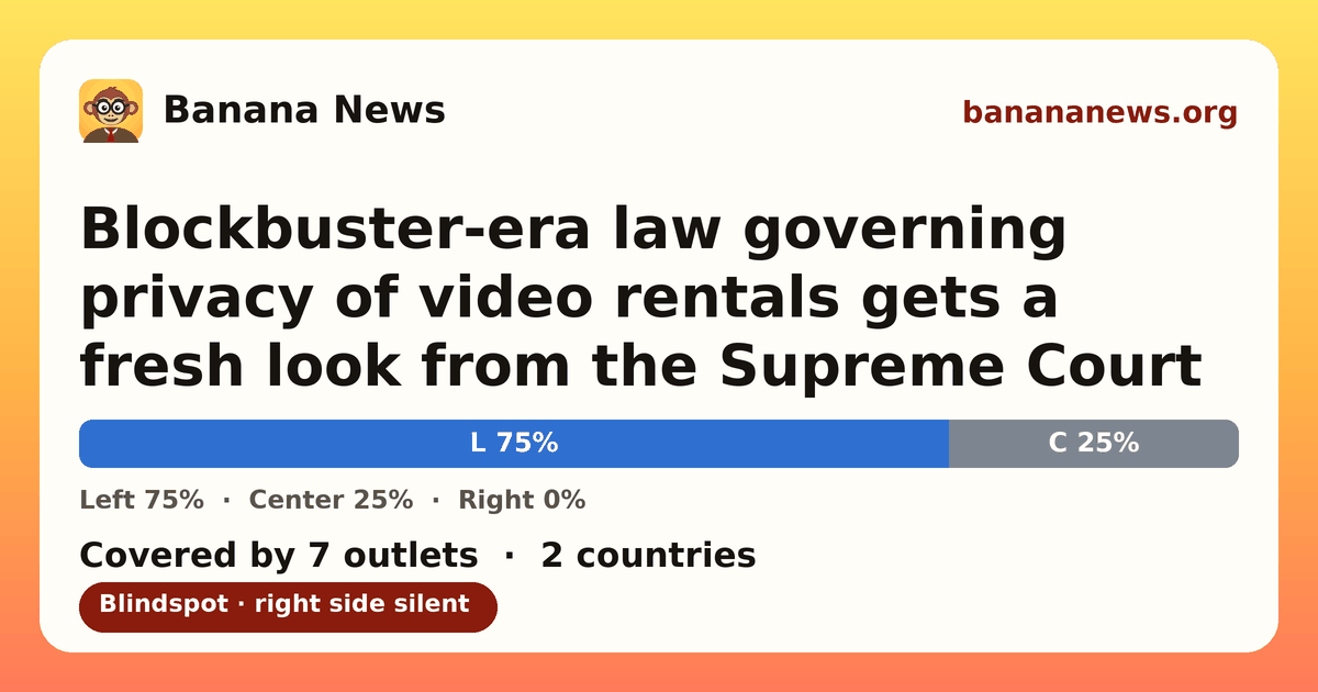 Banana News card: Blockbuster-era law governing privacy of video rentals gets a fresh look from the Supreme Court. Covered by 7 outlets.