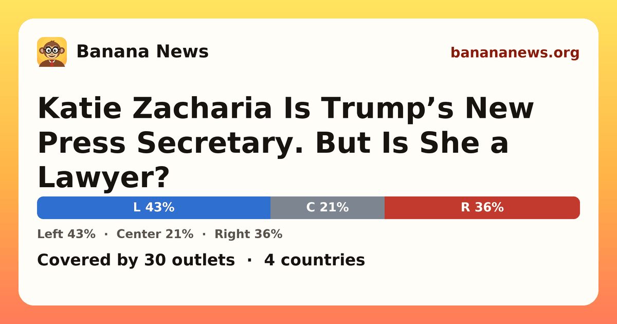 Banana News card: Katie Zacharia Is Trump’s New Press Secretary. But Is She a Lawyer?. Covered by 30 outlets.