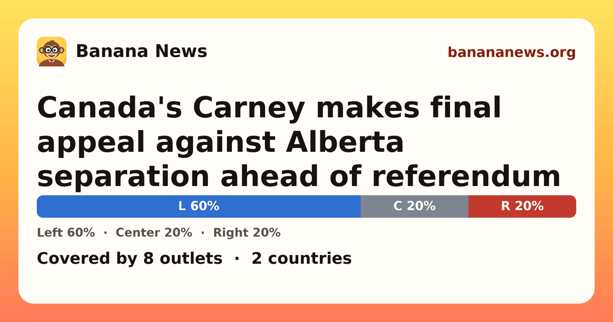 Banana News card: Canada's Carney makes final appeal against Alberta separation ahead of referendum. Covered by 8 outlets.