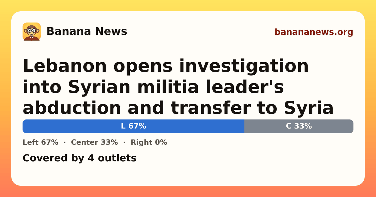 Banana News card: Lebanon opens investigation into Syrian militia leader's abduction and transfer to Syria. Covered by 4 outlets.