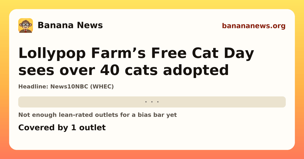 Banana News card: Lollypop Farm’s Free Cat Day sees over 40 cats adopted. Covered by 1 outlets.