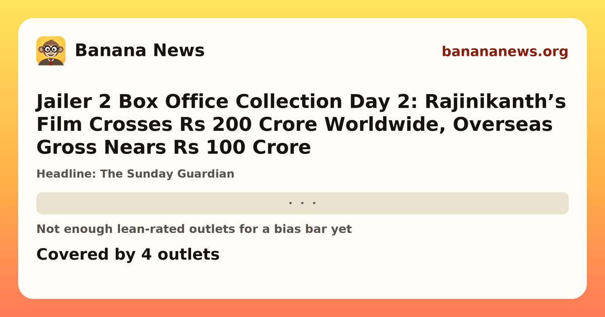 Banana News card: Jailer 2 Box Office Collection Day 2: Rajinikanth’s Film Crosses Rs 200 Crore Worldwide, Overseas Gross Nears Rs 100 Crore. Covered by 4 outlets.