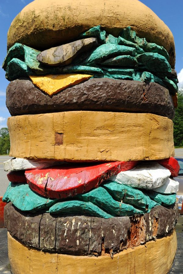 Giant hamburger sculpture, buns, hamberger, lettuce, tomatos, onions, cheese, bacon, Fat Smitty's, 282624 US Hwy 101, Po