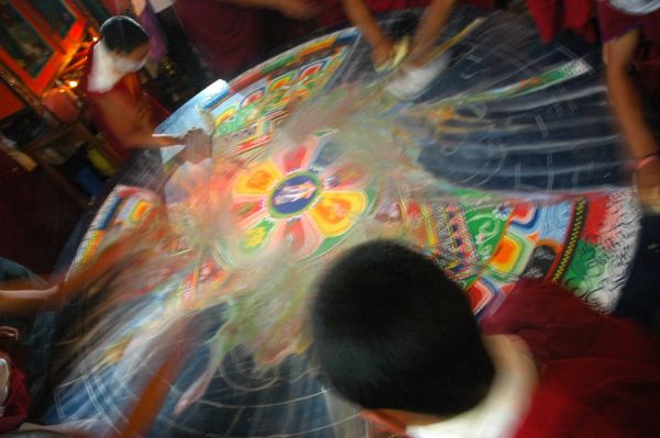 Bye Bye! - Young monks clearing the Hevajra Sand Mandala away, Tharlam Monastery, Boudha, Kathmandu, Nepal