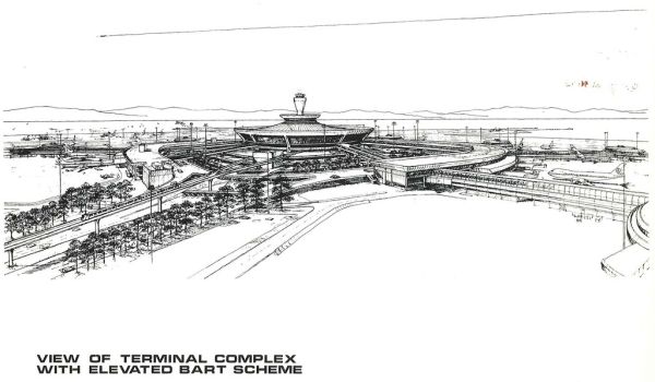 Rapid Transit to the San Francisco International Airport: View of Terminal Complex with elevated BART scheme (1969)
