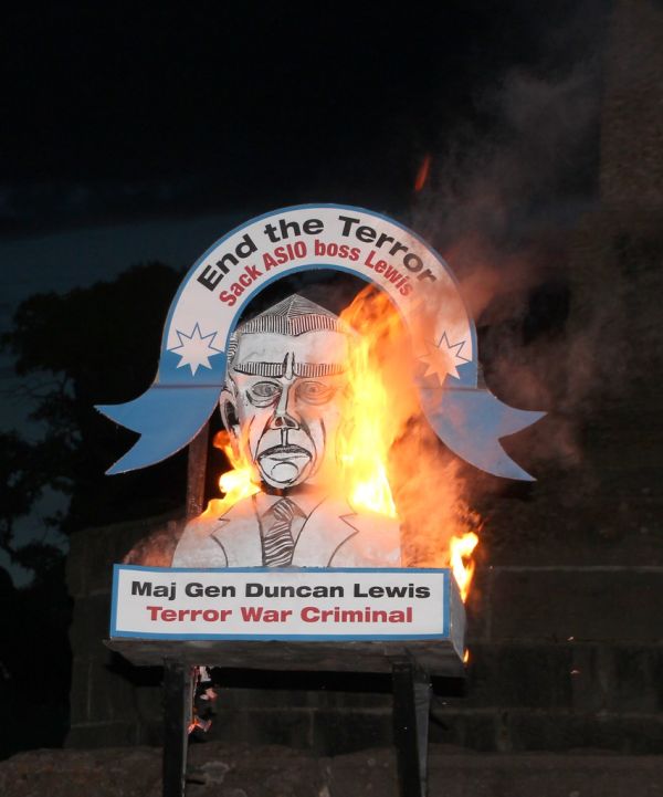 The effigy of ASIO head Duncan Lewis burns - Eureka160-IMG_9271