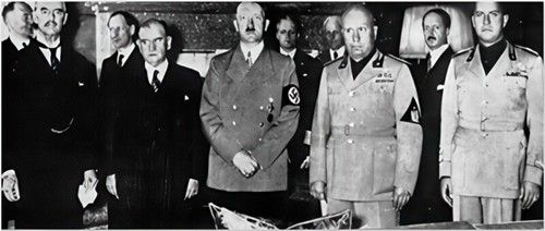 Munich Conference showed the futility of appeasement. Left to right are Chamberlain, Daladier, Hitler, Mussolini, and Ci
