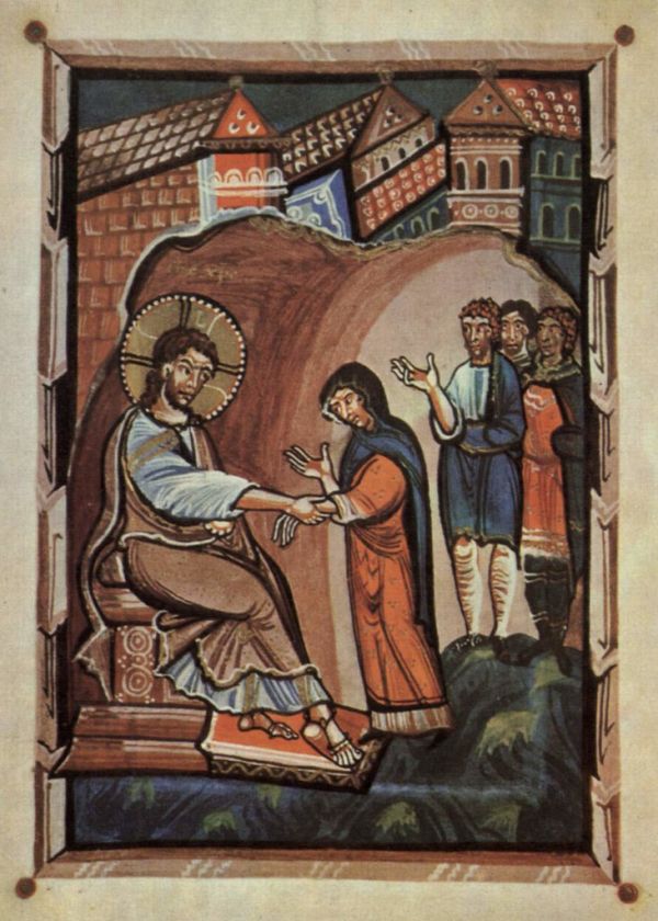 MEISTER DES HITDA EVANGELIARS Evangeliar der Äbtissin Hitda von Meschede, Jesus und die Schwiegermutter Petri, um1020