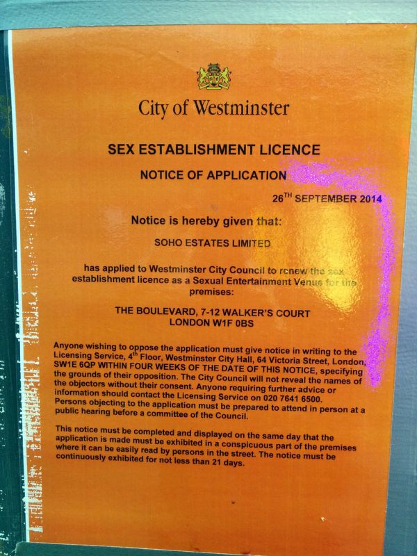 Sex License Application, sign, Soho, London, UK