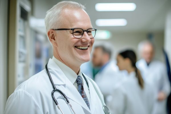 Lächelnder Arzt führt ein Team von medizinischen Fachkräften