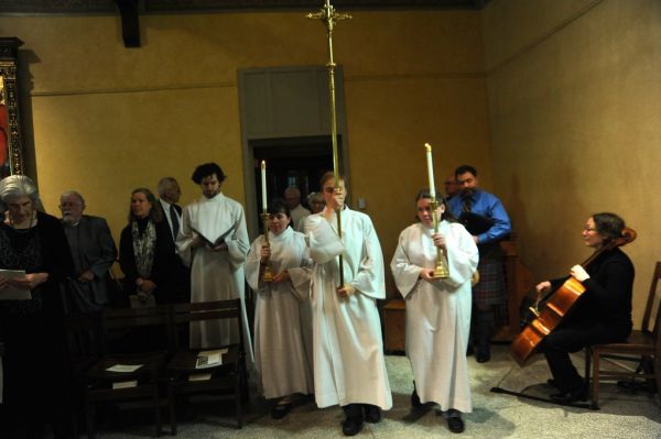 Processional of the cross, candle offerings, cantor, cellist, bagpiper, friends, Brenda Bentz's funeral, Saint James Cat