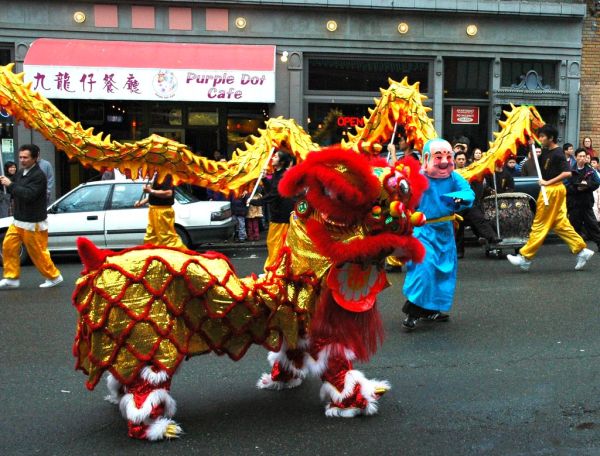 Dragon and Red Lion, Ying Yung Tong & Vovinam International Lion and Dragon Dance Team, International District, Seattle,