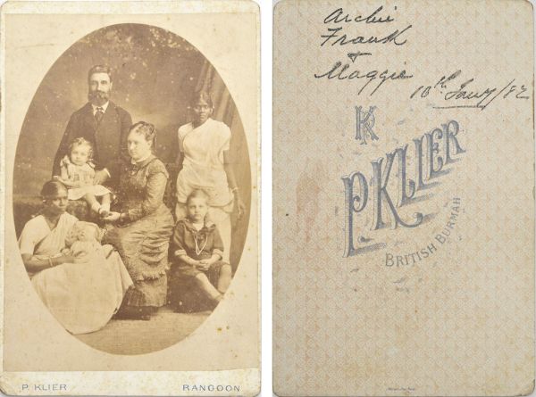 Portrait of family group including 'Archie, Frank & Maggie' Dickson? Dated 10 January 1882, from mystery album
