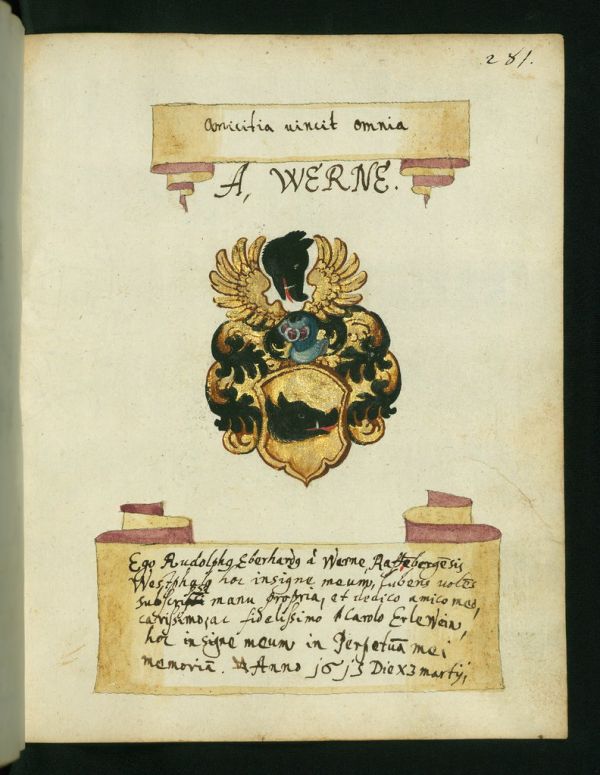 Liber amicorum of Joannes Carolus Erlenwein, Arms of Werne family, Walters Manuscript W.922, p. 281
