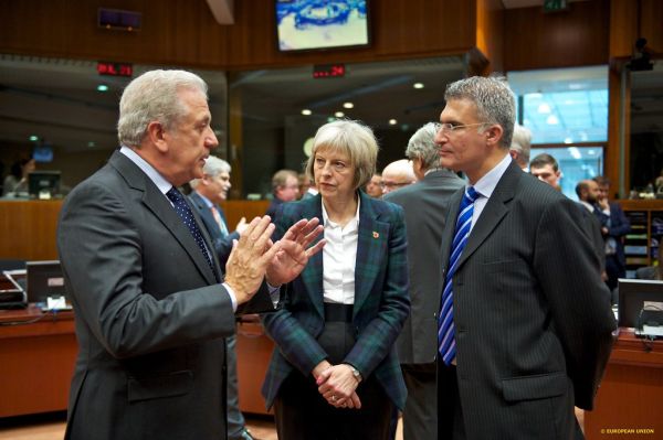 Commissioner D. Avramopoulos with Ms Theresa MAY, UK Secretary of State for the Home Department; Mr Carmelo ABELA, Malte