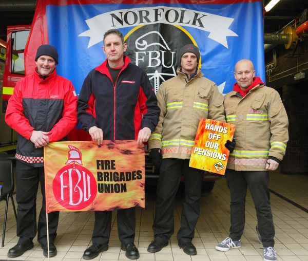 Firefighters outside Sprowston Fire Station, Norwich determined to defend their pensions against government attacks