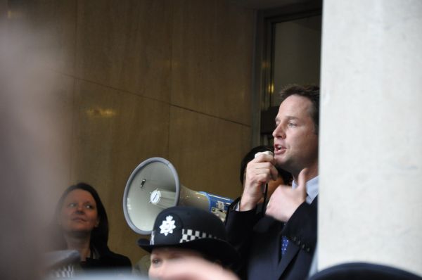 Liberal Democrat leader Nick Clegg gives a thumbs up to proportional representation campaigners