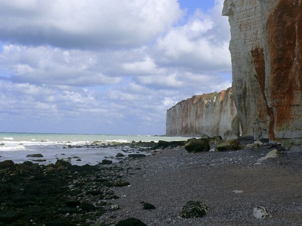 2007.09 - 'Sunny sea-scape with cliffs', a wide view over the shore and quite surf near Petit-Dalle in Normandy France w