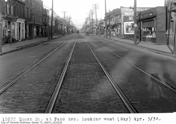 Queen St, at Pape Ave, looking west