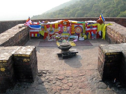 Offerings at the Vulture Peak Buddhist Shrine, Grdhrakuta in Rajgir, where the Buddha inspired Avalokiteshvara to give t