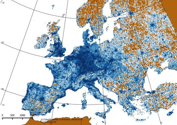 Residential Road density in Europe from OpenStreetMap