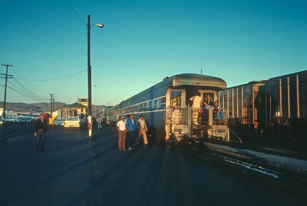 7. Nevada Northern Trip, the 3 Private Varnish cars on rear of SFZ at Sparks, NV. Tour sponsored by Great Western Tours 