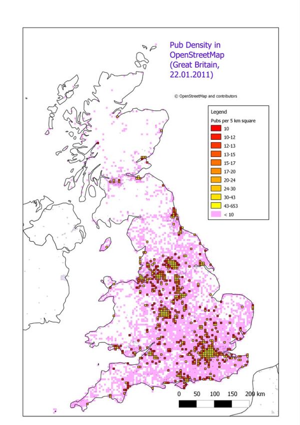 Pub Density on OpenStreetMap