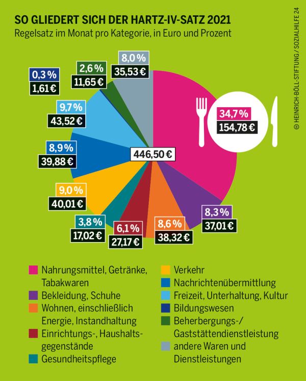 Armut Macht Hunger - SO GLIEDERT SICH DER HARTZ-IV-SATZ 2021 Regelsatz im Monat pro Kategorie, in Euro und Prozent