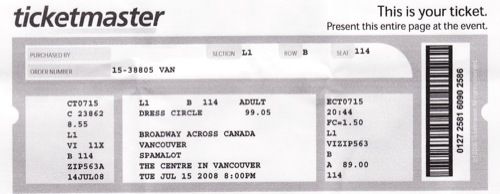 Spamalot e-ticket stub