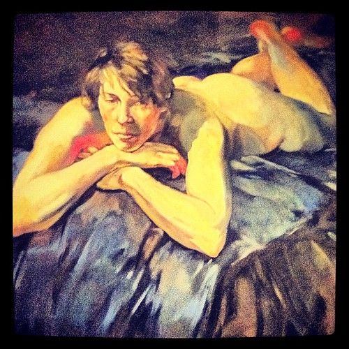 Good morning ! Painting of handsome - and stark naked man by local artist Philippe de Smedt hanging on the cafe wall whe