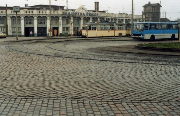 Rostock Hauptbahnhof - Gotha tram and Ikarus Bus Jan1990
