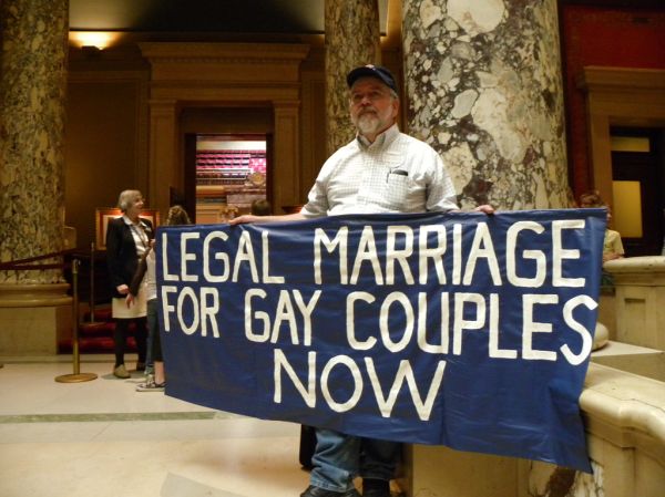 Gay marriage protester outside the Minnesota Senate chamber
