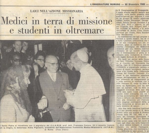 Osservatore Romano del 22 dicembre 1965, la foto dell’incontro tra il Santo Padre e il Professor Canova e la moglie Regi
