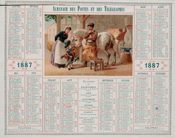Almanach des Postes et des Télégraphes, registre 1887 - Veux-tu aussi ferrer mon cheval?