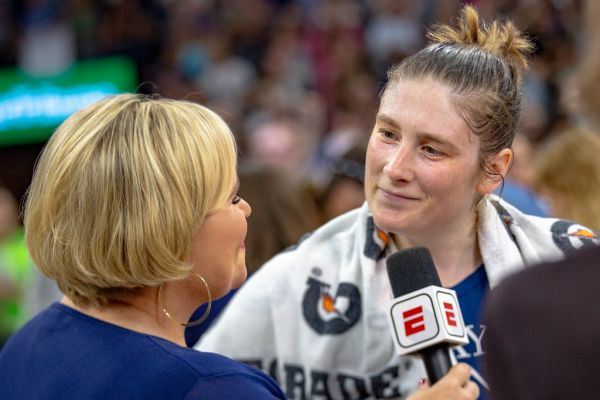 Holly Rowe interviews Lindsay Whalen after the Lynx vs Mystics game. The game was Whalen's final regular season game bef