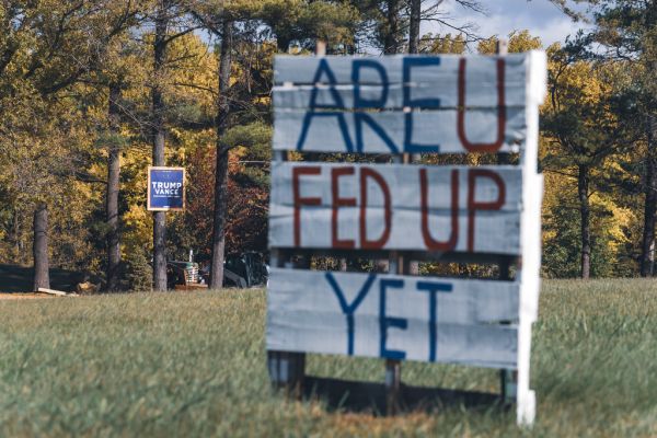 Are U Fed Up Yet handpainted sign with Trump Vance sign in Lake Elmo, MInnesota