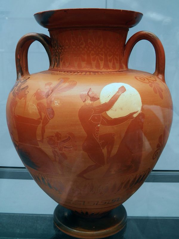 Attic Black figured necked amphora depicing Sisyphus in Hades, attibuted to the Bucci Painter, ca. 530 BC, Staatliche An