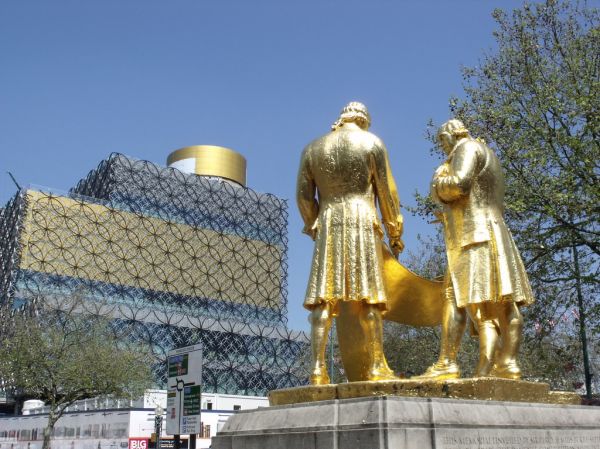 The Library of Birmingham - gold panels on the Shakespeare Memorial Room - Boulton, Watt and Murdoch statue