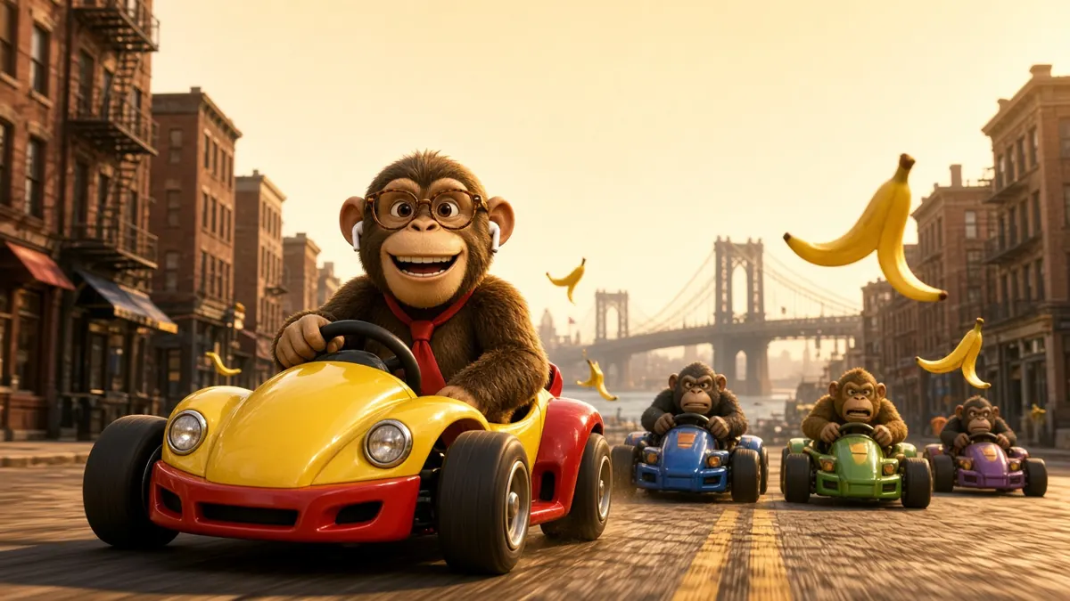 Manny racing a banana kart through a city of apes
