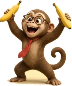 Manny the monkey cheering with two bananas